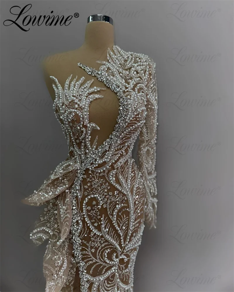 Pearl Evening Dress Long Sleeve Champagne Arabic Prom Dress 2025 Customize 3D Leaf Formal Party Second Reception Engagement Gown