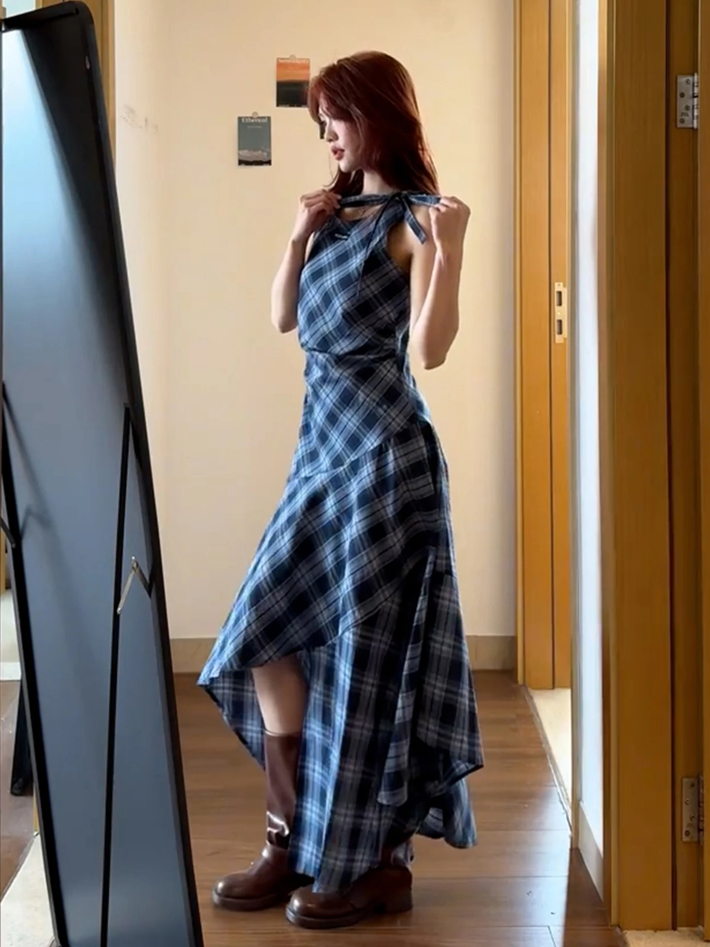 Colete francês sle xadrez svel dr feminino outono inverno emagrecimento longo dr cintura-concha faionable dr