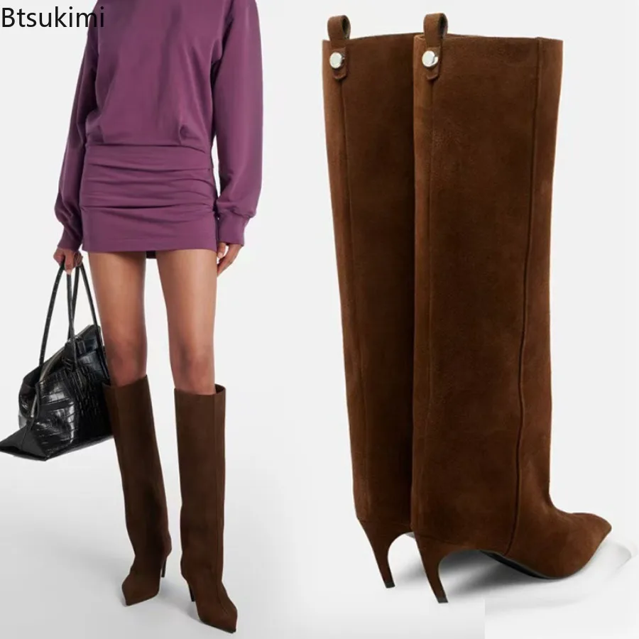 Winter New Pointed-Toe Kitten Heel Knee-High Boots Suede/leather Snakeskin Fashion Catwalk Slim Boots Solid Color Plus Size35-43 - view 2