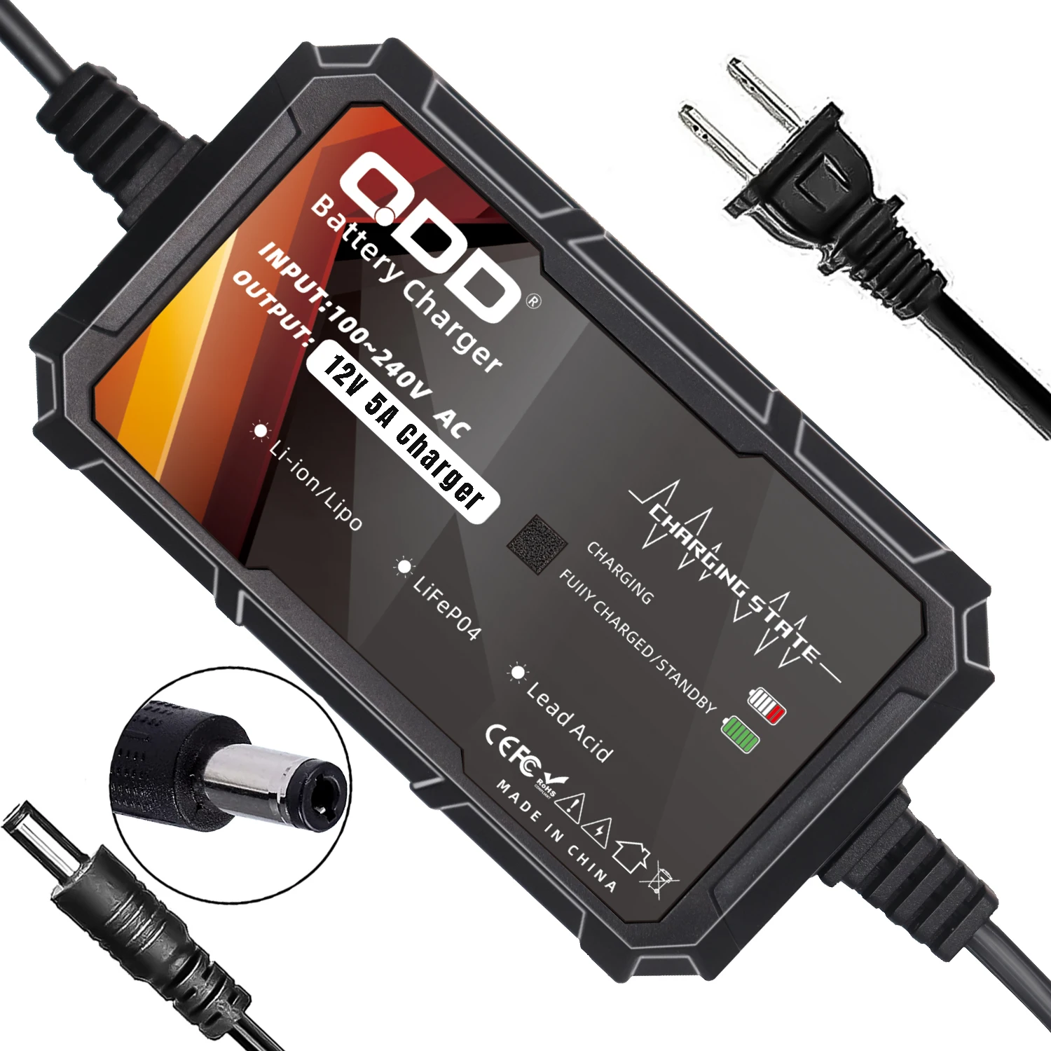 QDD 12V 5A Lead Acid Charger with DC5.5 * 2.1 Connector AC100-240V Protection Battery Overcharge Short Circuit Charger