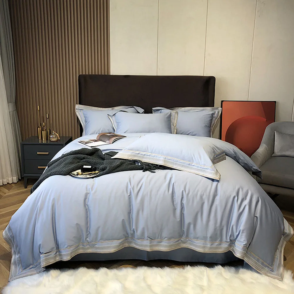 

2024 Hot Sale Long-staple Cotton Four-piece Bed Linen Newest Plain Color Cotton Bedding Simple Nordic Style Fashion Light Blue