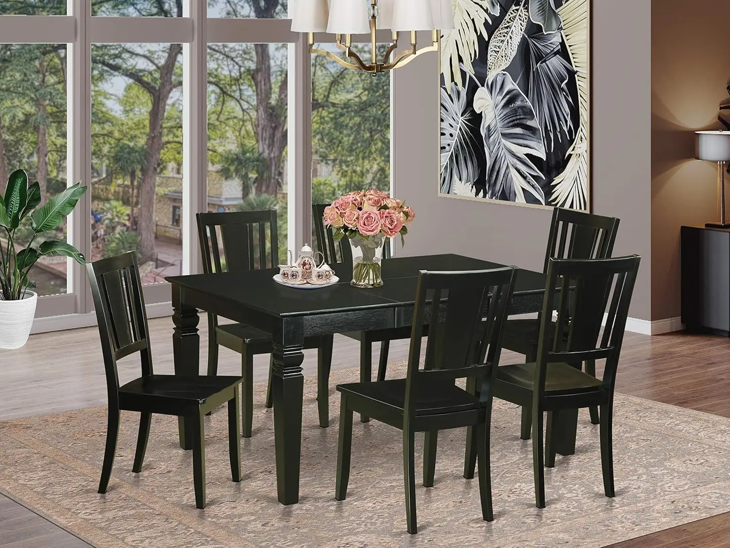 7 Piece Kitchen Set Consist of a Rectangle Table with Butterfly Leaf and 6 Dining Chairs, 42x60 Inch, Black