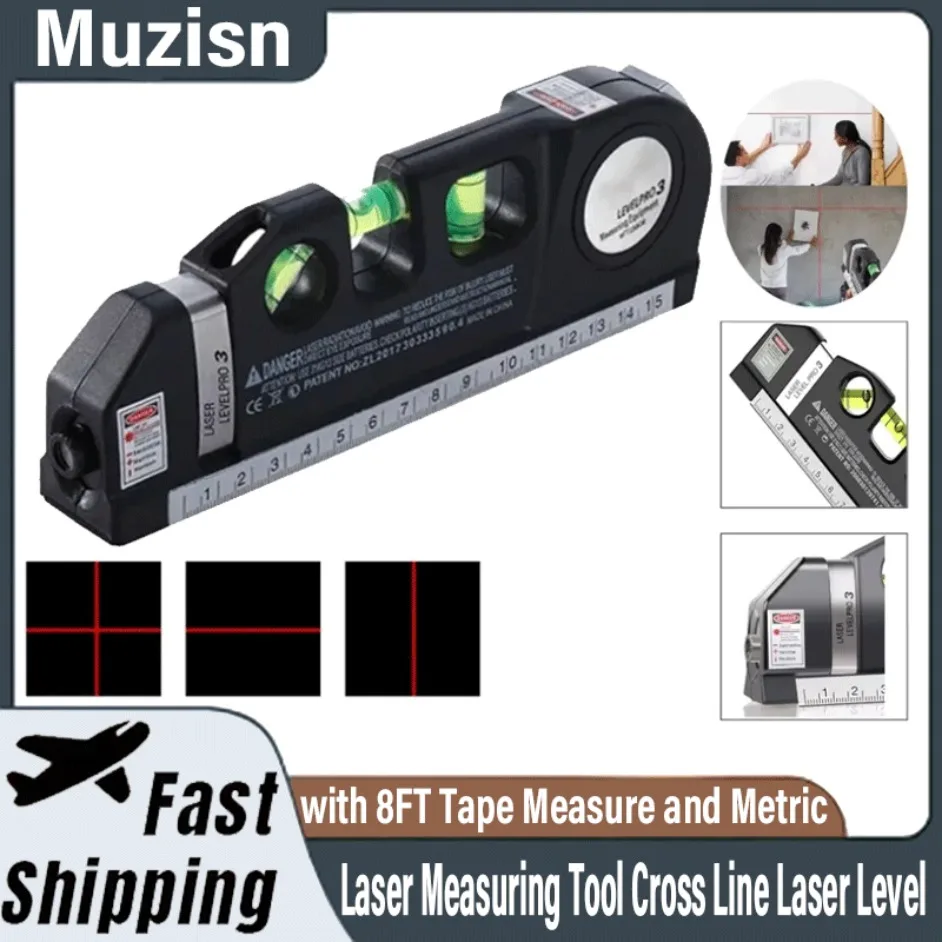 أداة قياس الليزر Muzisn مستوى الليزر عبر الخط مع شريط قياس 8FT ومسطرات مترية للتسوية الدقيقة