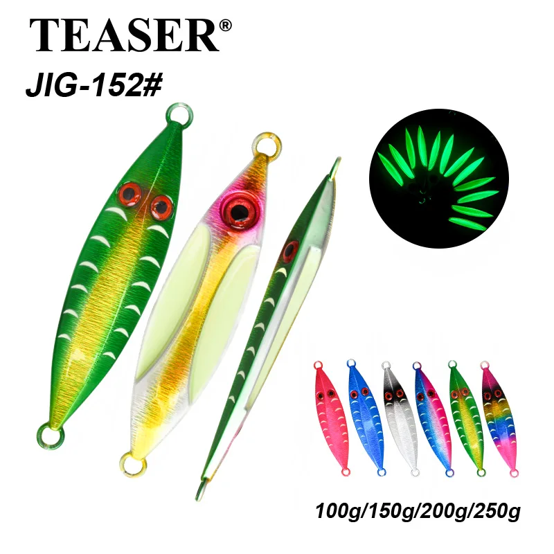 Teaser j152 100g 150g 200g 250g água salgada luminosa pesca metal jigging isca isca pesca fundição longa afundando metal gabarito isca