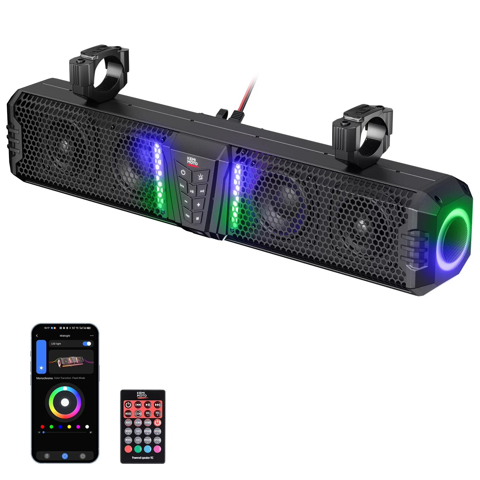 

Midnight 60 26in UTV Sound Bar IP66 Waterproof Golf Cart Speaker Bluetooth with RGB Fits 1-2in Roll Bars for Can-Am for CFMOTO