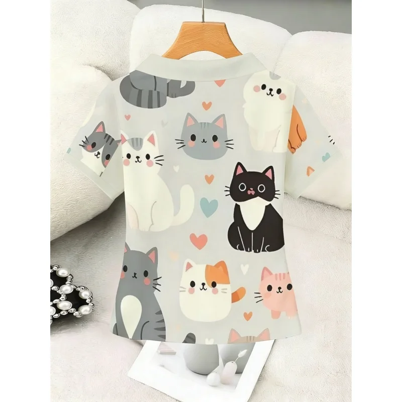 2026Women's Fashionable Multifunctional Buckle-FreePoloShirt，Feline animal pattern，Fashionable tops suitable for casual wear