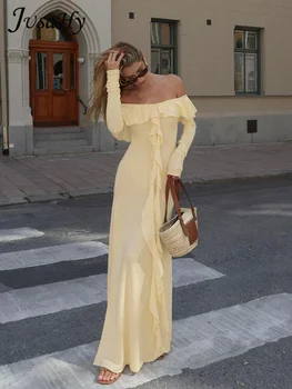 JusaHy Vrouwen Nieuwe Solid Sexy High Street Patchwork Ruches Lange Jurk Backless Maxi Jurken Elegante Lange Mouwen Slanke Jurken Gewaad