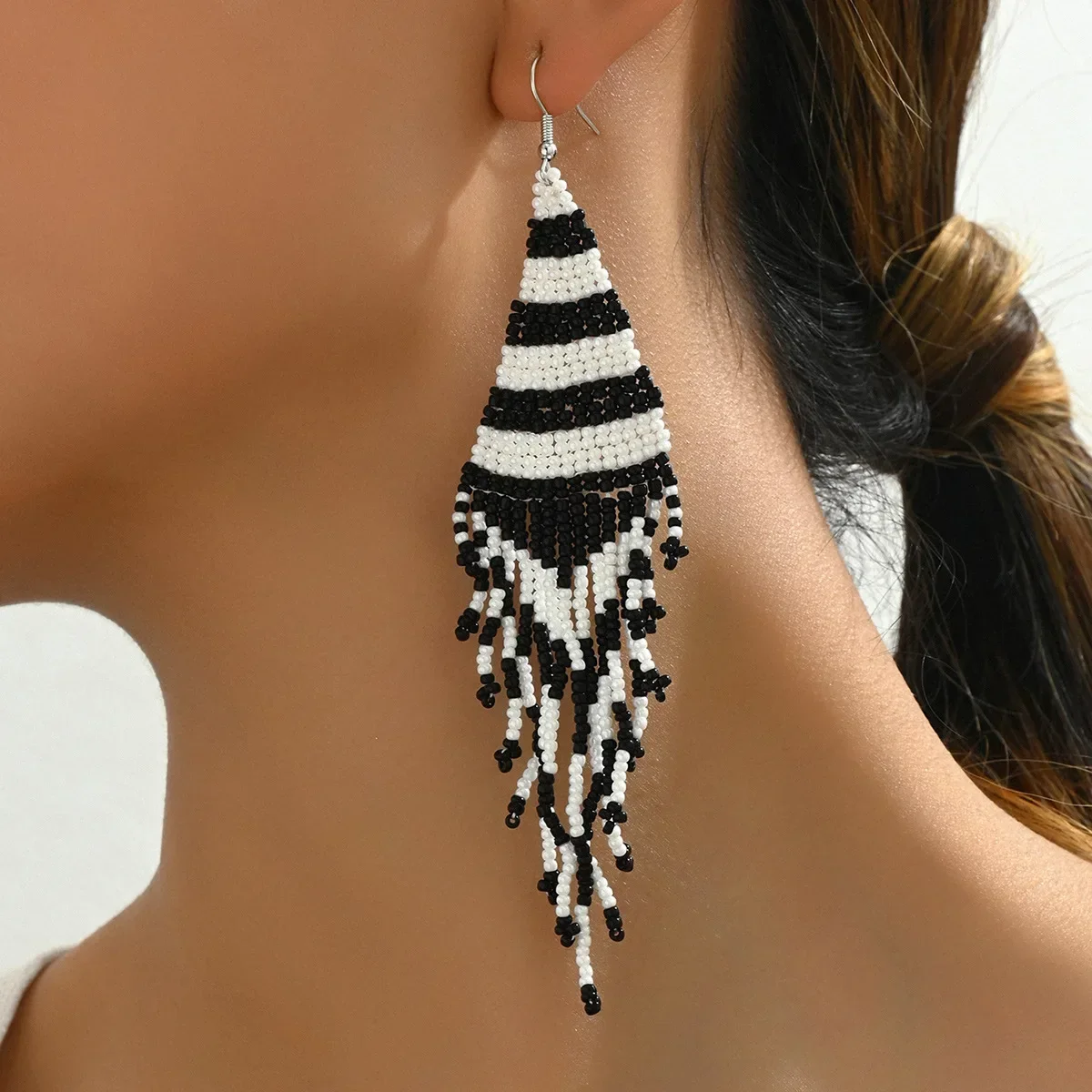 

Vintage Simple Beaded Tassel Design Earrings For Ladies Wild Zebra Texture Rice Beads Earrings Jewelry Gift Girls