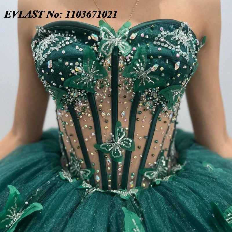 EVLAST-Vestido Quinceanera Verde Esmeralda, Vestido De Baile, Applique De Borboleta, Beading Espartilho Grande Arco, Sweet 16, XV 15, 15 Anos, SQ27