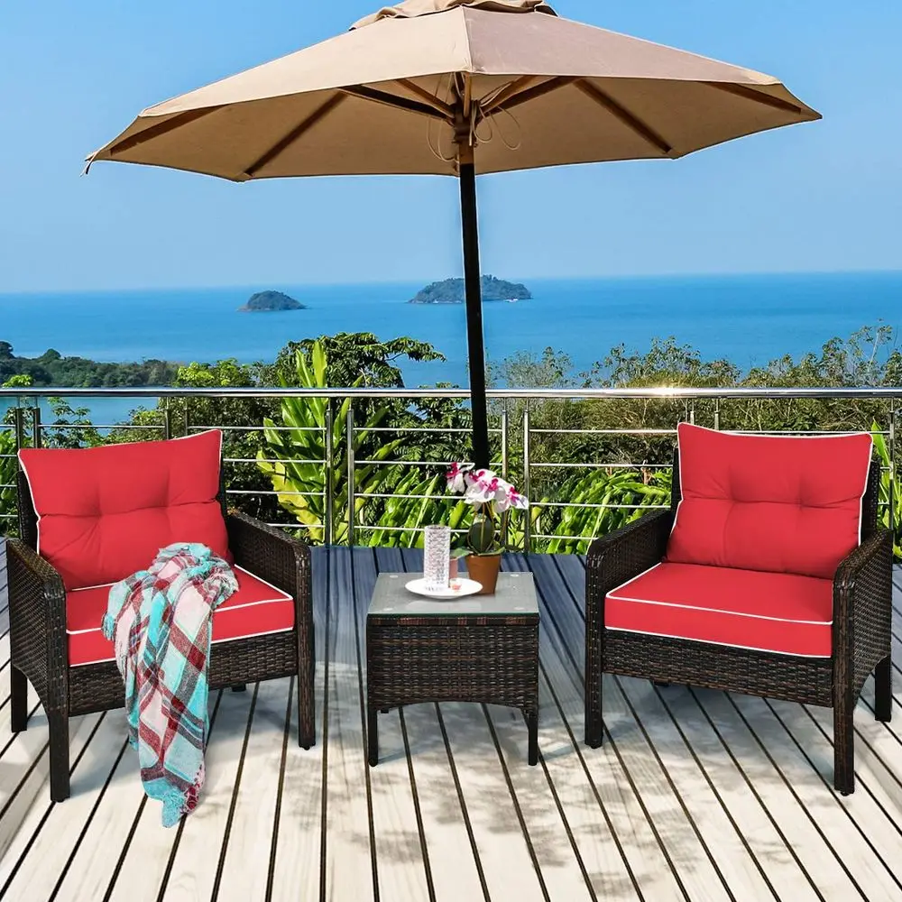 

3 Piece Outdoor Patio Furniture Set, Wicker Chairs Set with Glass Top Coffee Table, Thick Cushions, All Weather Garden Lawn Poo