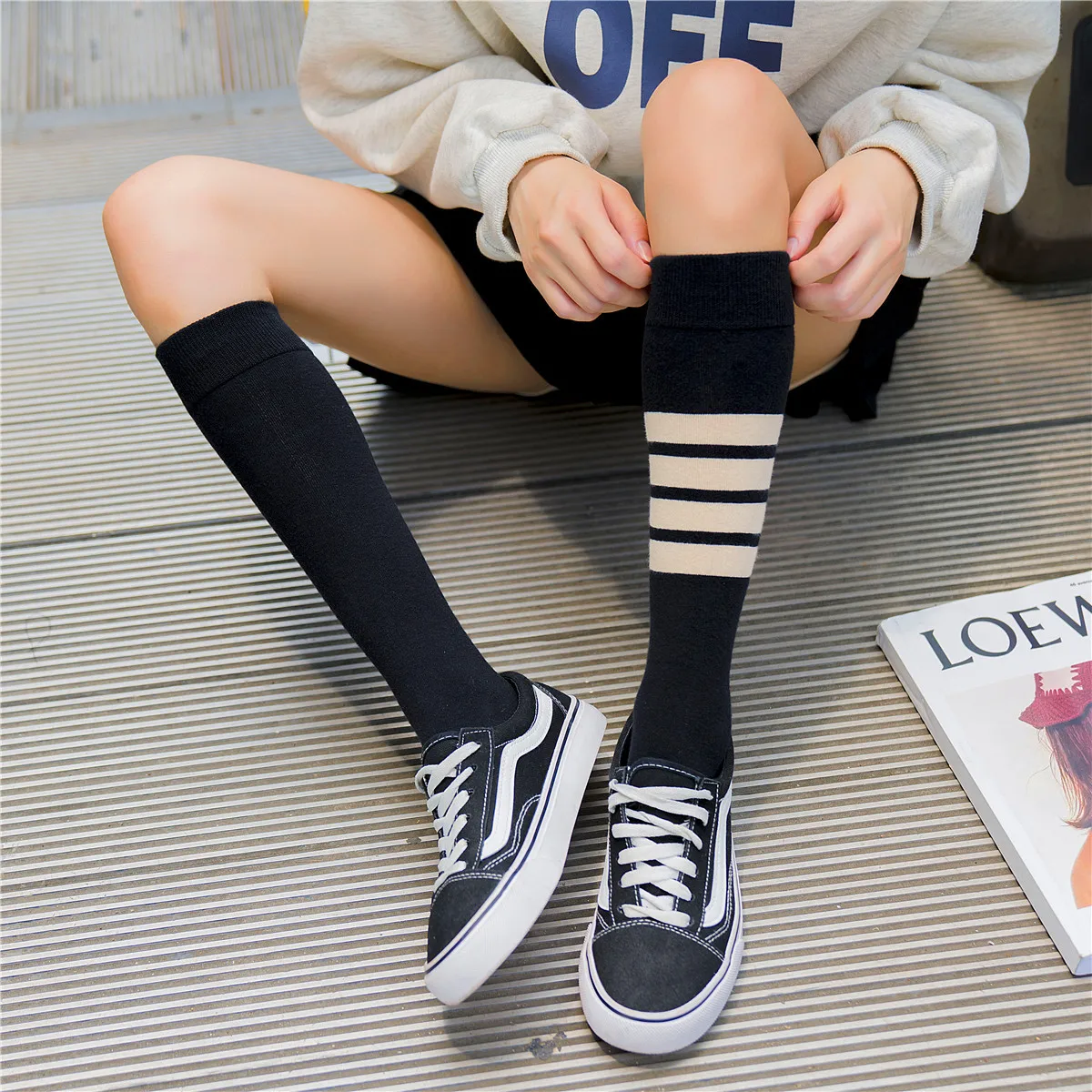 Fashion Asymmetric Style Striped Sports Calf Cotton Socks Women's Mid length Socks Trendy Personalized Versatile Short Socks