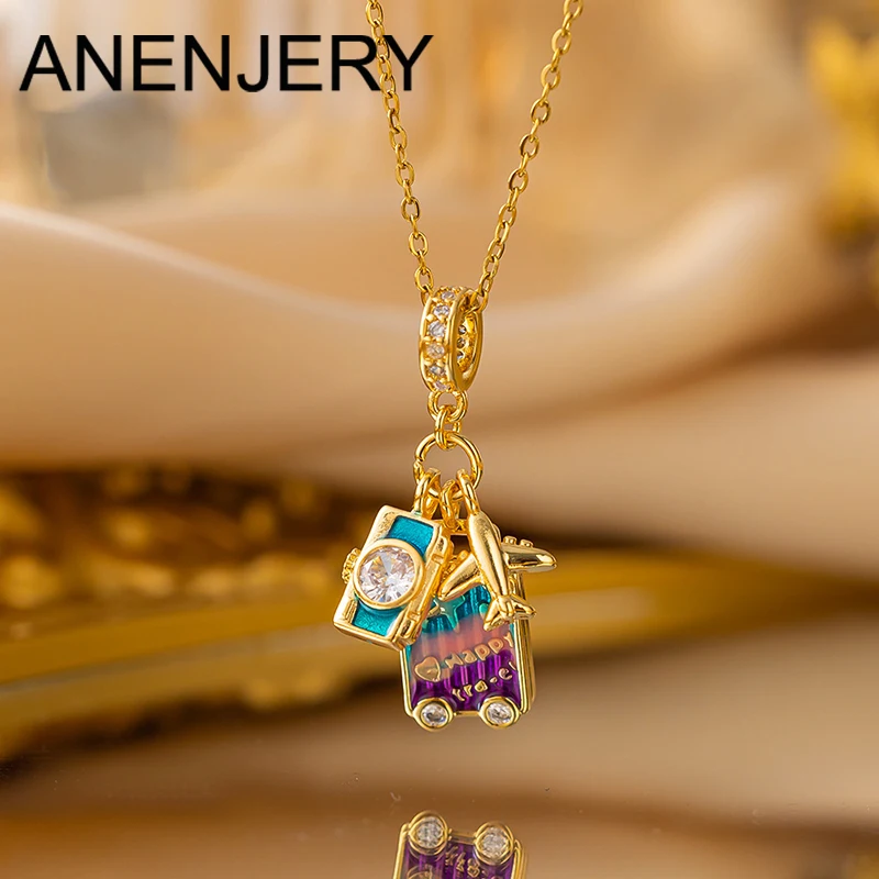 ANENJERY 316L Stainless Steel Zircon Luggage Camera Airplane Necklace for Women Unique Exquisite Travel Jewelry Gift