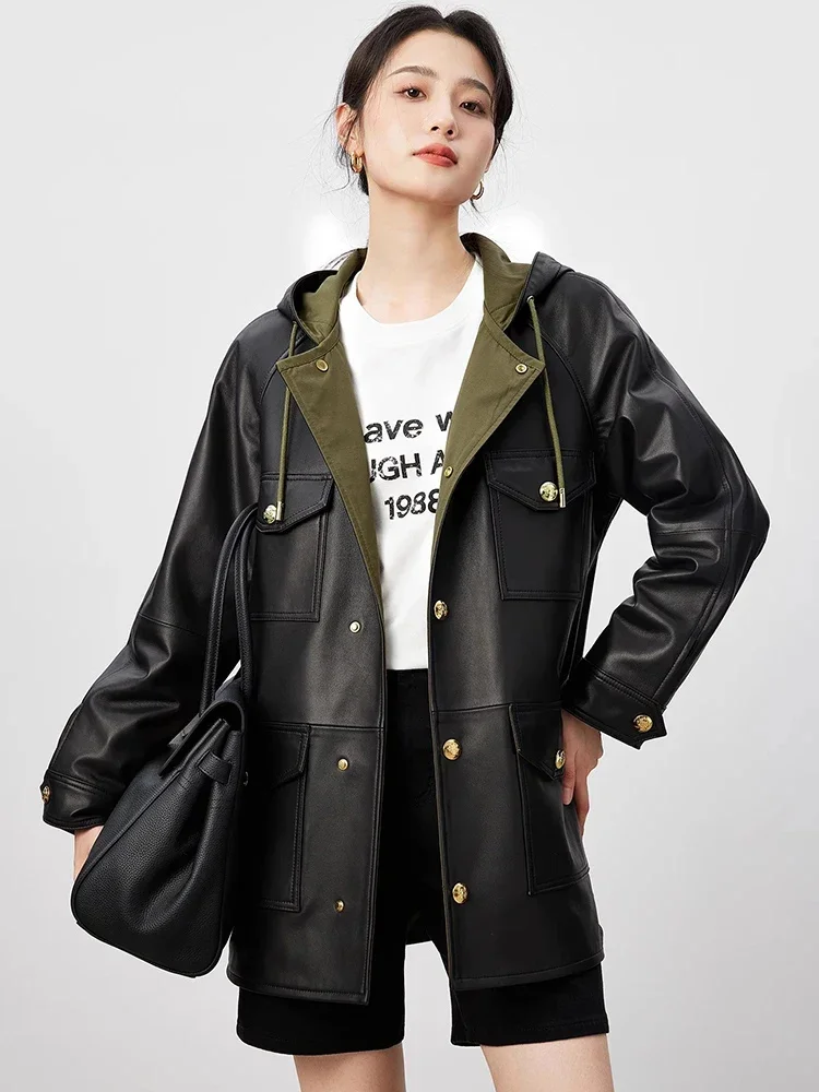 

Hooded Mid-length Sheepskin Coat Women 2024 Trend Streetwear Double-sided Wear Autumn Winter Genuine Leather Jackets