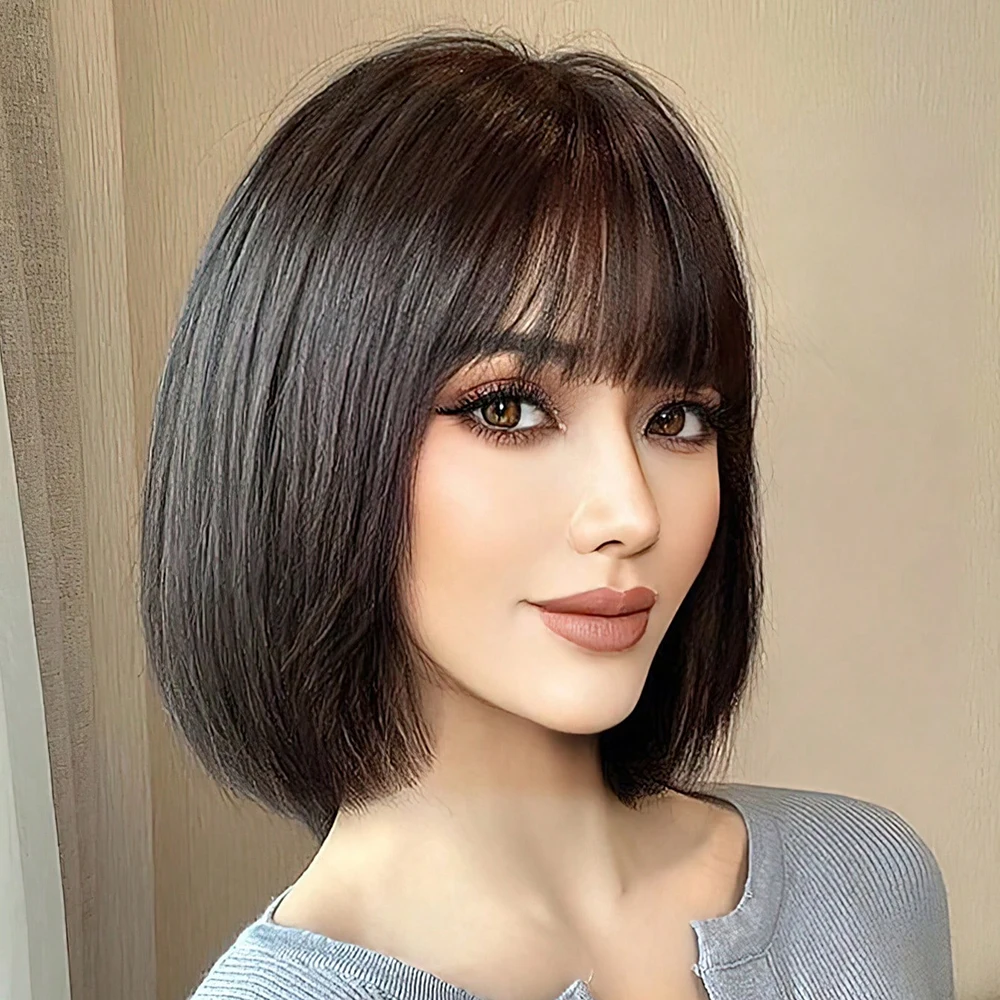 Bob Short Straight Synthetic Wigs with Bangs Black Hair Wigs for Women Daily Cosplay Party Wigs Heat Resistant