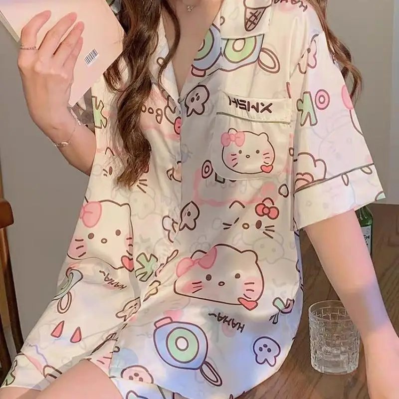 Kawaii Sanrio 헬로 키티 애니메이션 Kuromi 잠옷 여름 단순 패션 섬세한 귀여운 캐주얼 루즈 편안한 부드러운 여성용 세트 선물