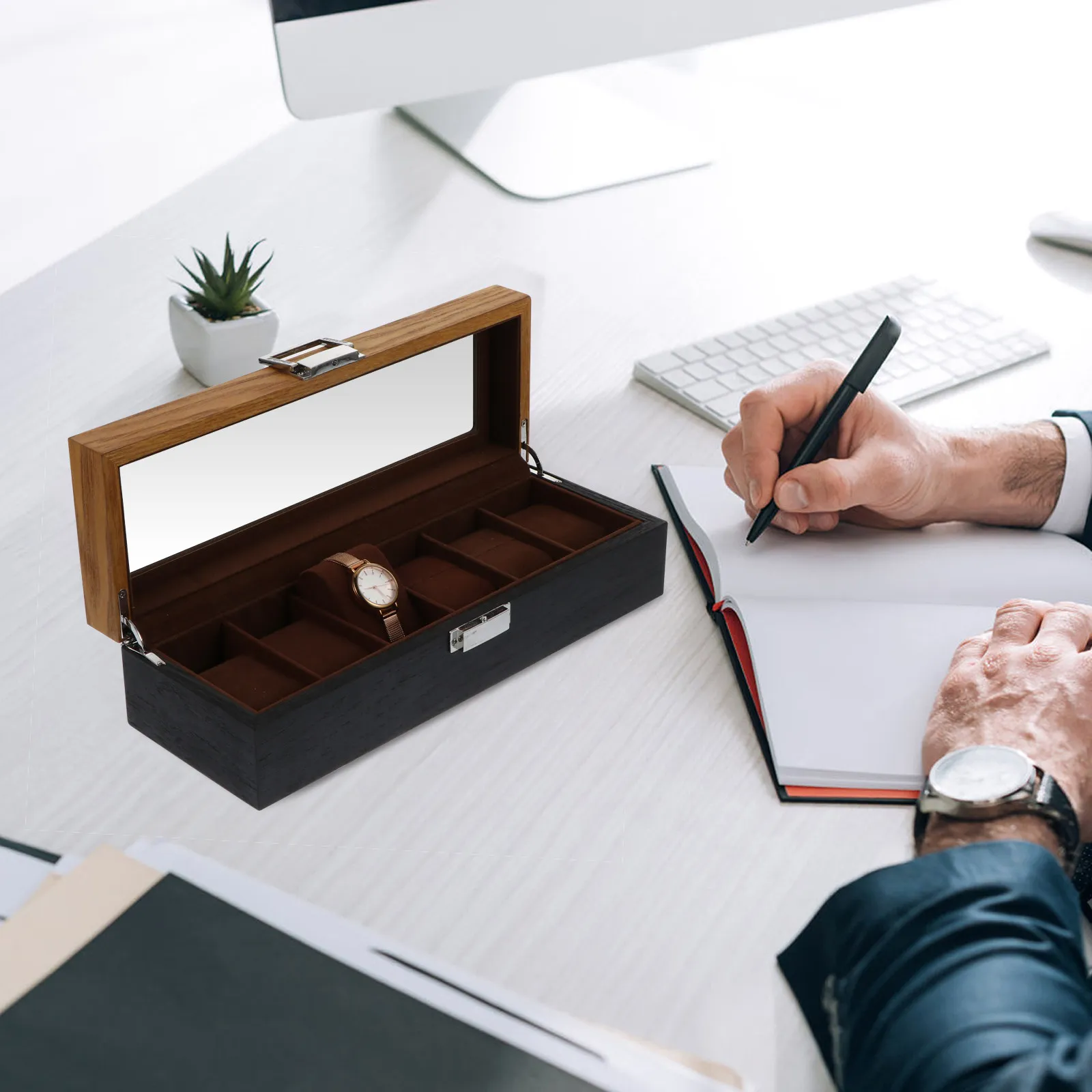 

Винтажная деревянная шкатулка для часов на 6 отделений: элегантный футляр для хранения и подарочной упаковки, идеально подходит для дня рождения