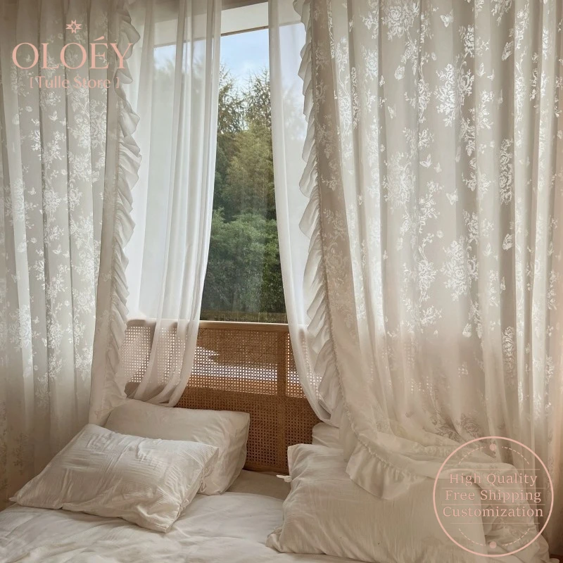 

French Lace Butterfly Curtains Sheer Dreamy Drapes for Living Room Bedroom Romantic Girl Style Light Filtering Windowsill Decor