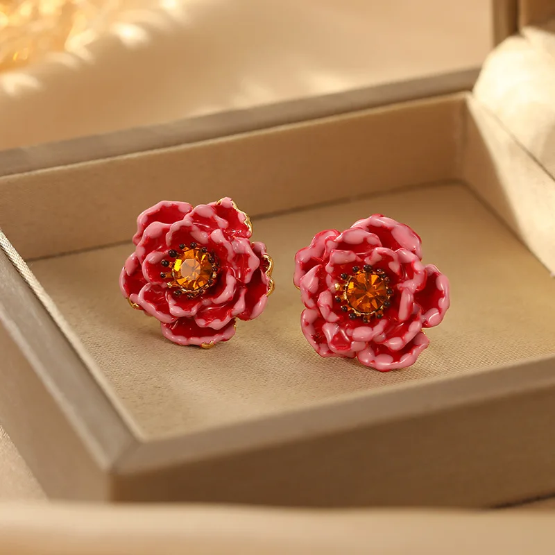 

Chinese Style Glazed Peony Flower Copper Gold-plated Zircon 925 Silver Needle 3D Design High-end Atmospheric Elegant Earrings