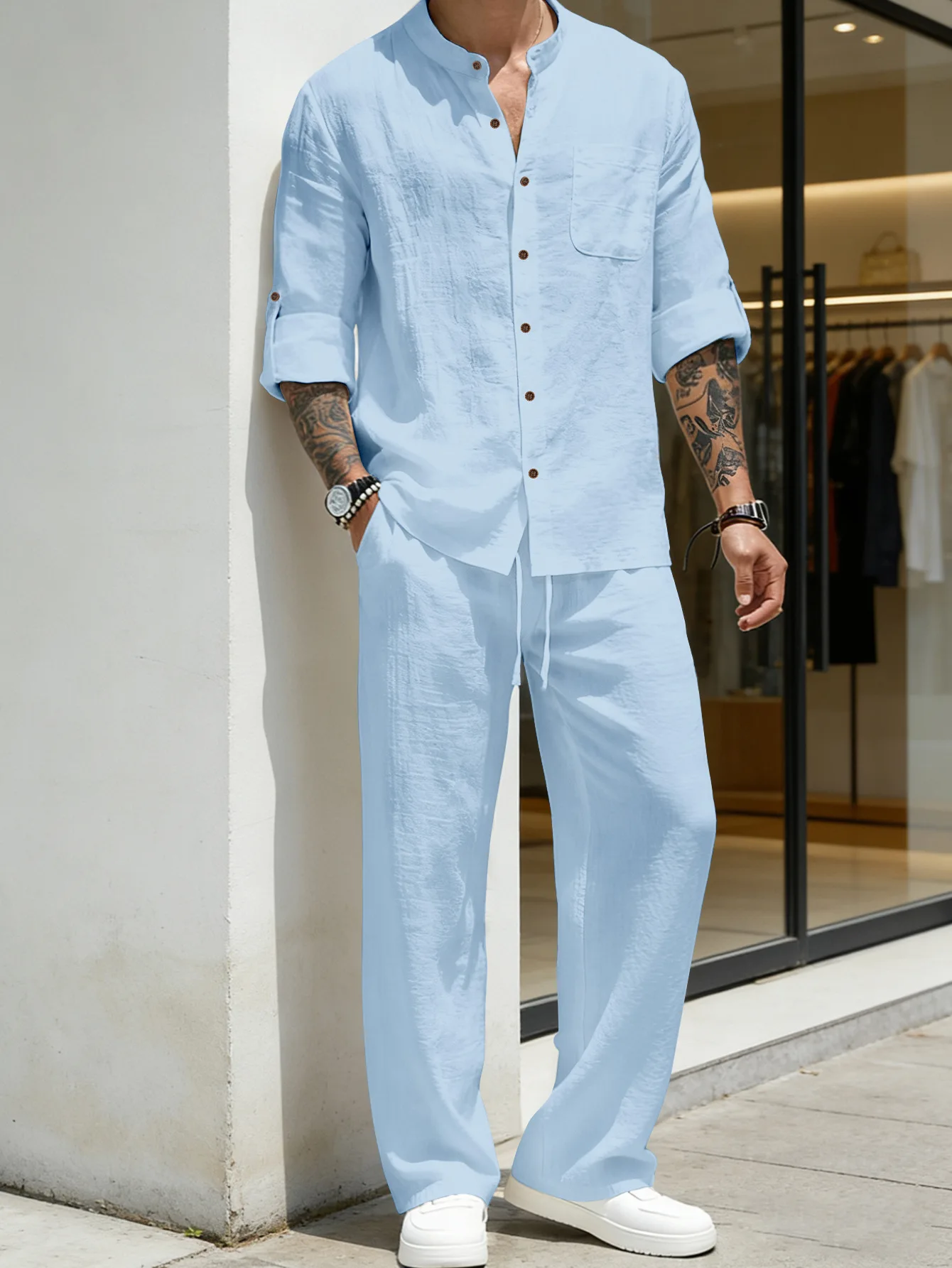 Suit Loose Linen Long Sleeve Shirt And Pants Beach Set for Men Casual Comfortable Breathable Four Season American Style ZY-4345 view 5
