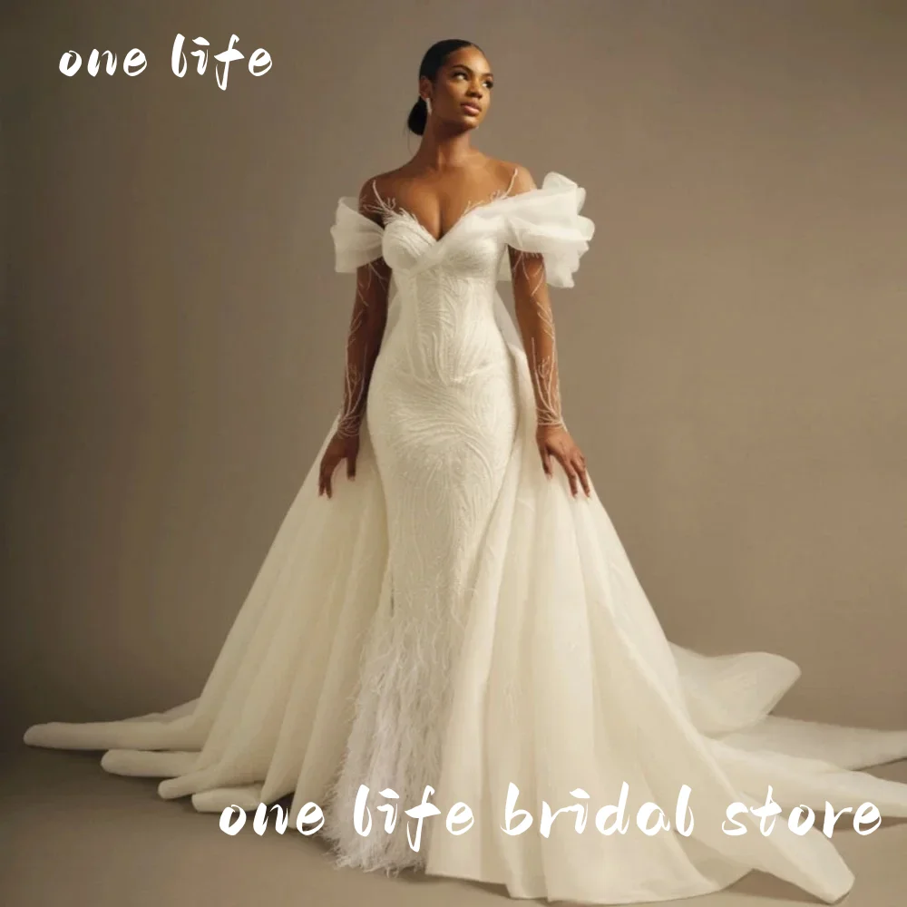 

Vintage Wedding Dress Graceful Faethers Bride Robe Illusion Mermaid Detachable Train Bridal Gown Customized Robe De Mariée