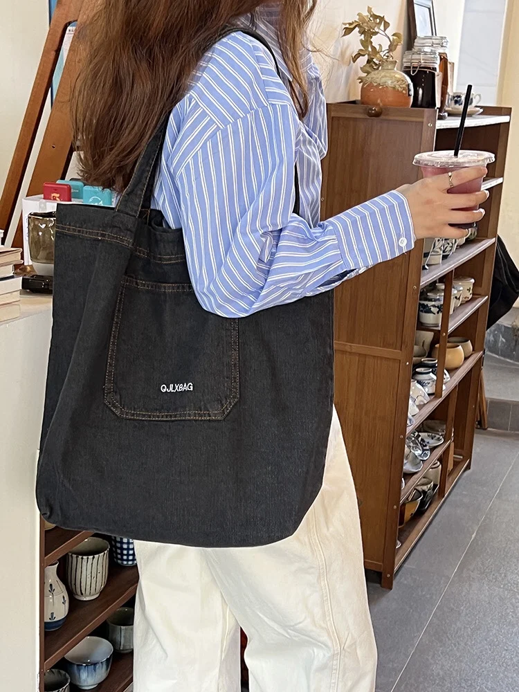 

Denim Shopping Bag Large Capacity Portable Open Pocket Commuter Bag Canvas Vertical Square Shoulder Bag