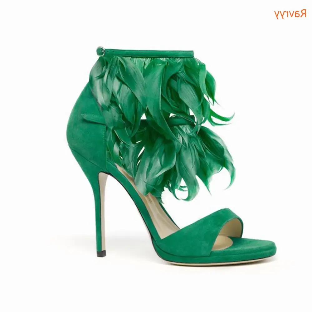 Green Feather Heel  Stiletto Sandals Ankle Strap Pointed Toe Shoes Party Cover Heel Zipper Ladies Sandals Thin High Heels