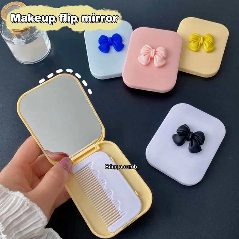 Portable Bow Folding Travel Makeup Mirror With Comb Hair Brush Multicolour Make Up Styling Tool Cute For Women Girls