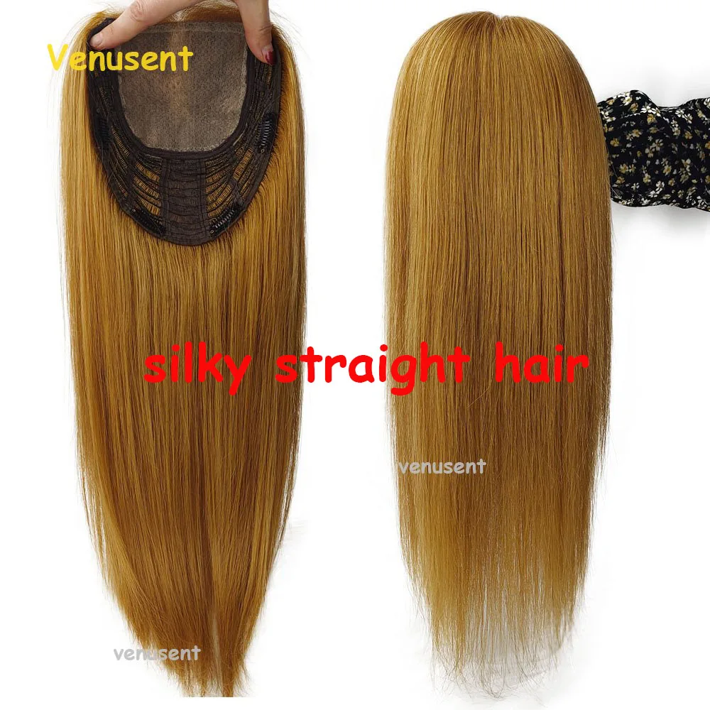 16Inch Honey Blonde Silicone Skin Base Topper #27 Scalp Top Toupee Transparent Lace In the Front 10A Virgin Human Hair Overlay