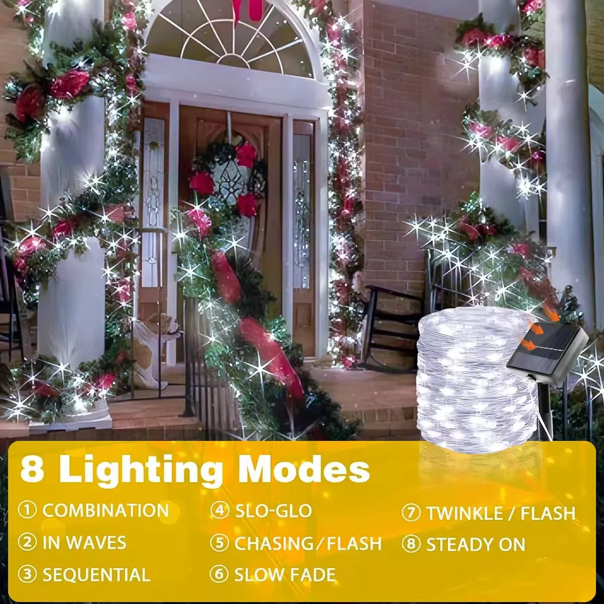 32M Solar LED Fairy Lights – Outdoor Christmas Lights with 8 Modes, Silver Wire, Waterproof – Garden, Tree and Patio Decor