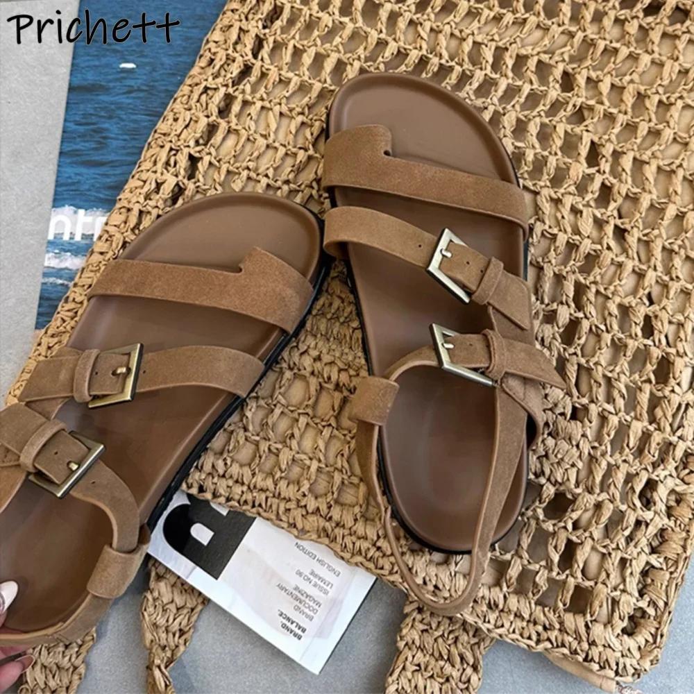Multi Buckle Solid Sandals Flip Flops Thick Soled Round Toe Flat with Shoes Straight Strap Summer Retro Concise Leisure Shoes
