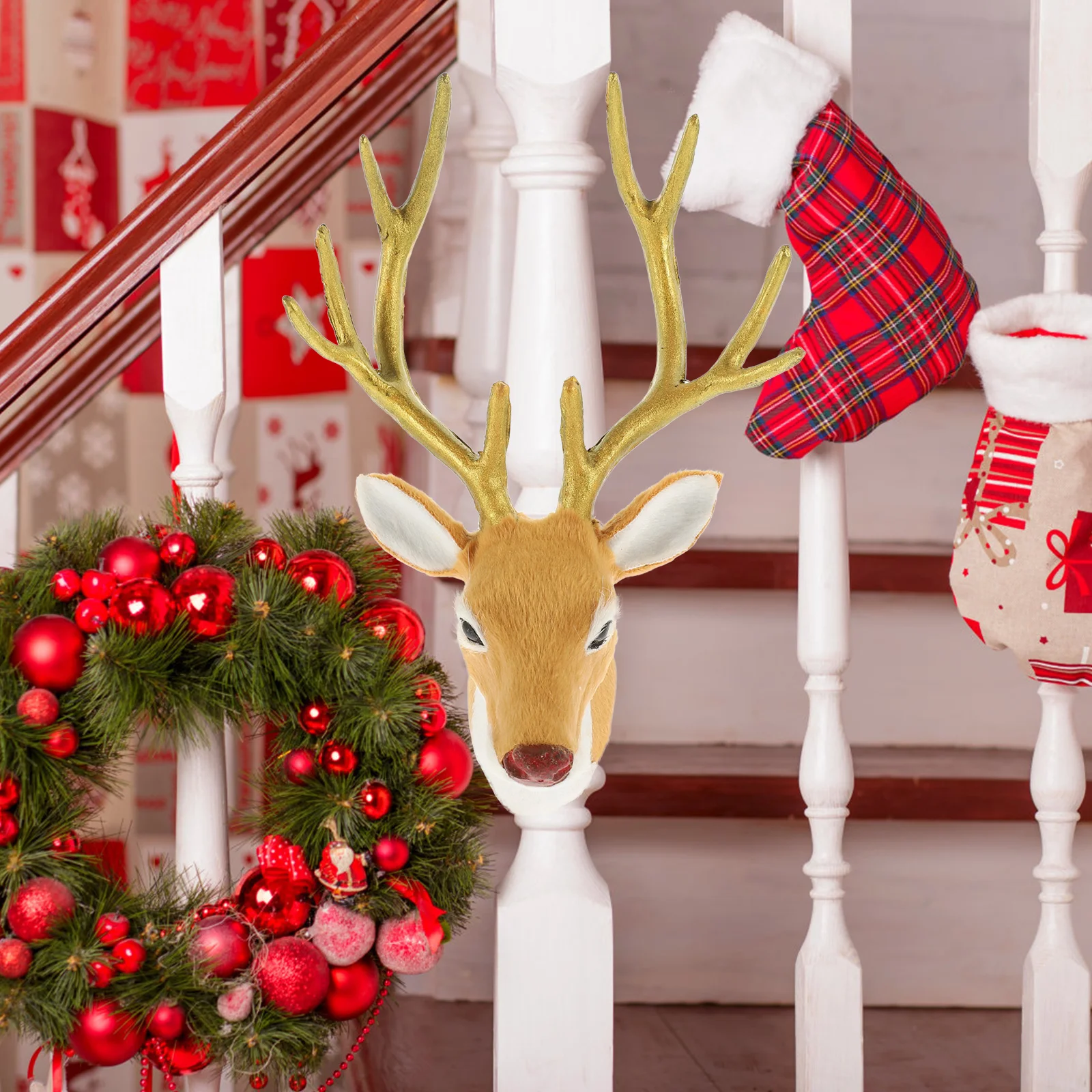 

Simulated Deer Head Christmas Photo Props Party Elk Statue Artificial Desktop Cabinets Decors Fur Reindeer Decorations