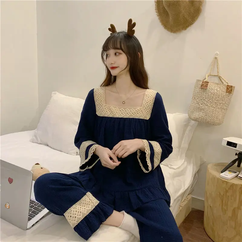 Kawaii Clothes Woman Sleepwear Long Sleeve Square Neck Pajama Sets Loungewear Sets Vintage French Princess Pant Korean Nightwear