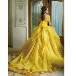 Yellow Evening Dress Elegant Women Train Off Shoulder Bow Sweetheart Floor Length Puff Birthday Gowns Vestido Luxury Gown2024