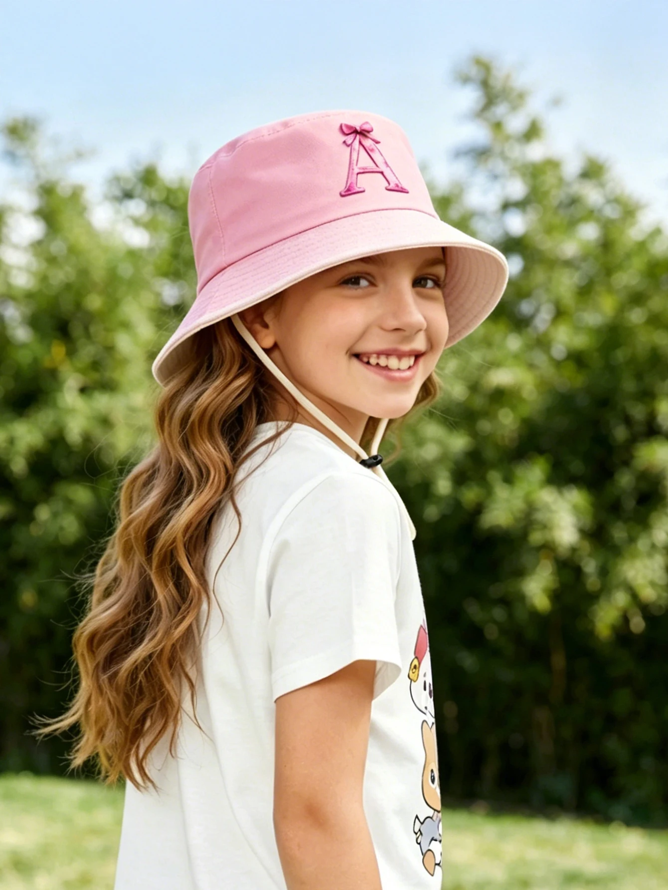 1pc pink baby girl bucket hat cap 3-8 years old Spring A-Z letter And  Summer Cap Features a ButterflyKnot Design with Fuchsia L view 5