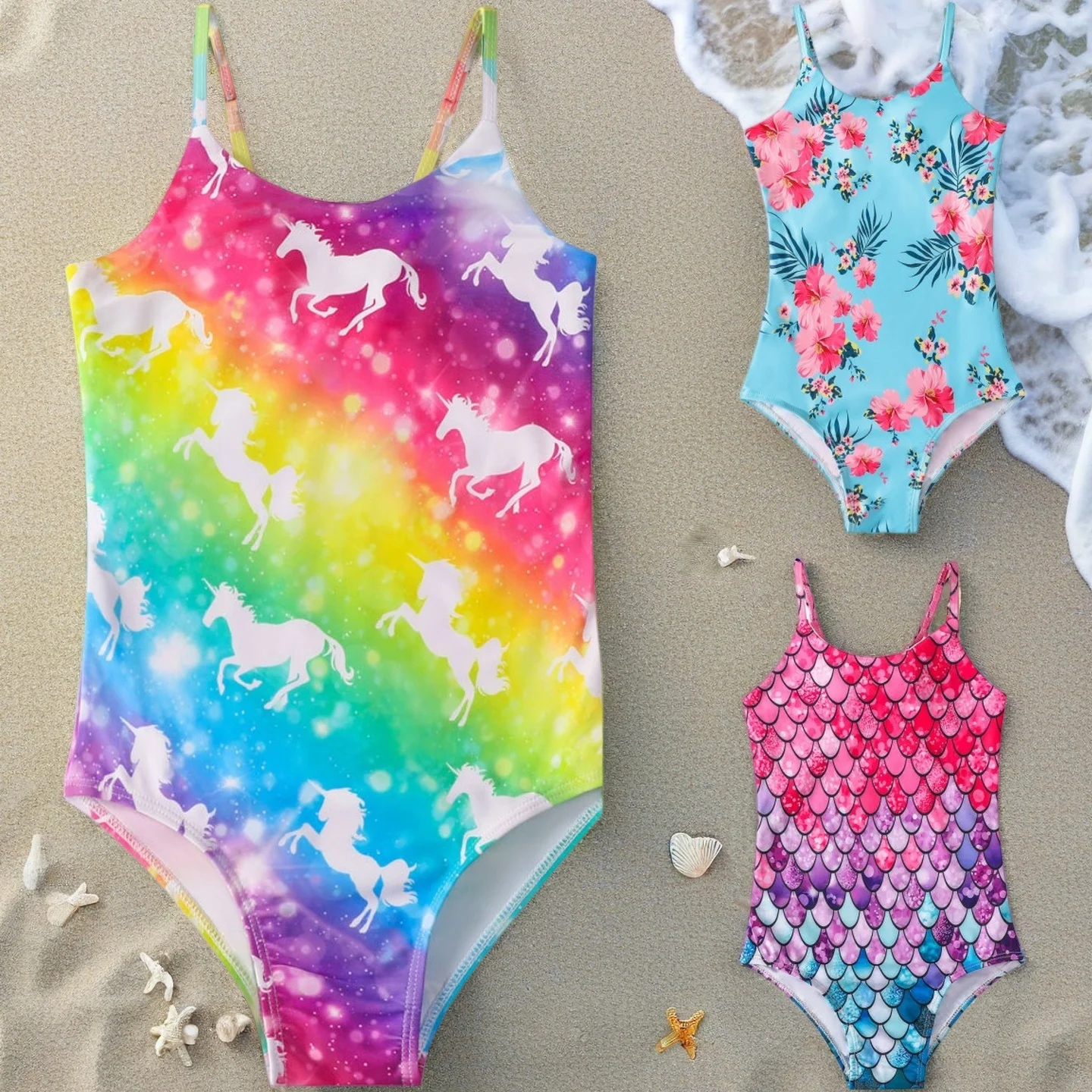 

Kid Girls' One-Piece Swimsuit Rainbow Print Teen Girls' Mermaid Suspender Swimwear Girl Summer Bathing Suit Beachwear 3-12 Years