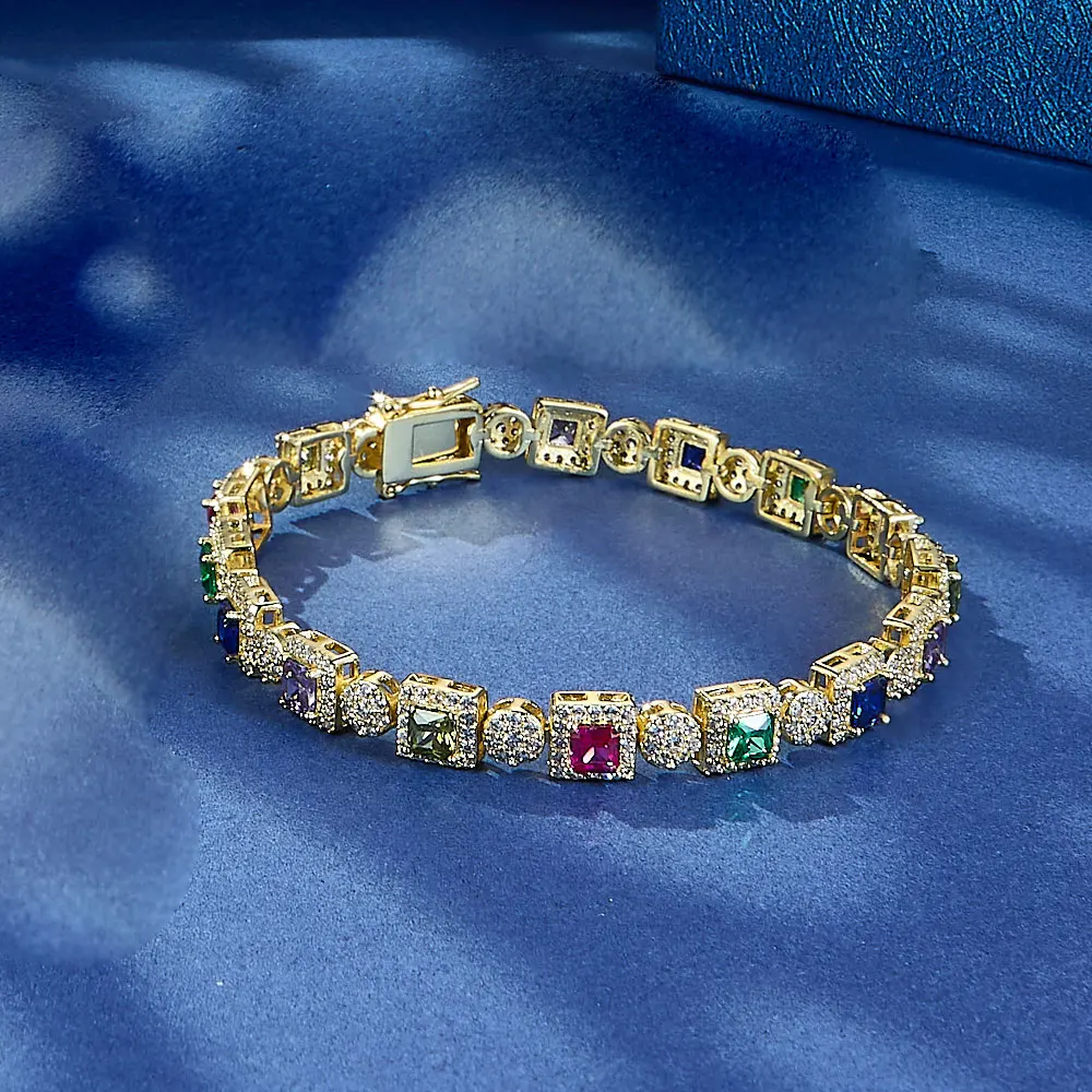 

High Quality Fine Jewelry Elegant 14K Gold Plated Bracelet Multicolor Square Zircon Bracelets