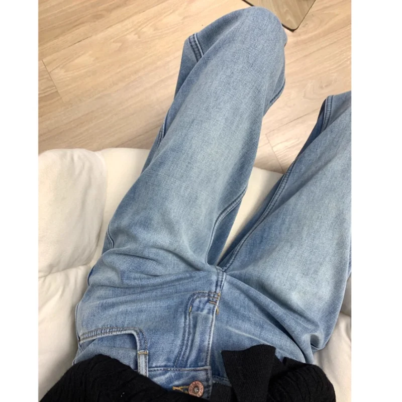 レディース コーヒーカラー フリース裏地付きジーンズ 秋冬 レトロ ハイウエスト ストレートレッグ 着痩せ効果 多用途 フロア丈パンツ