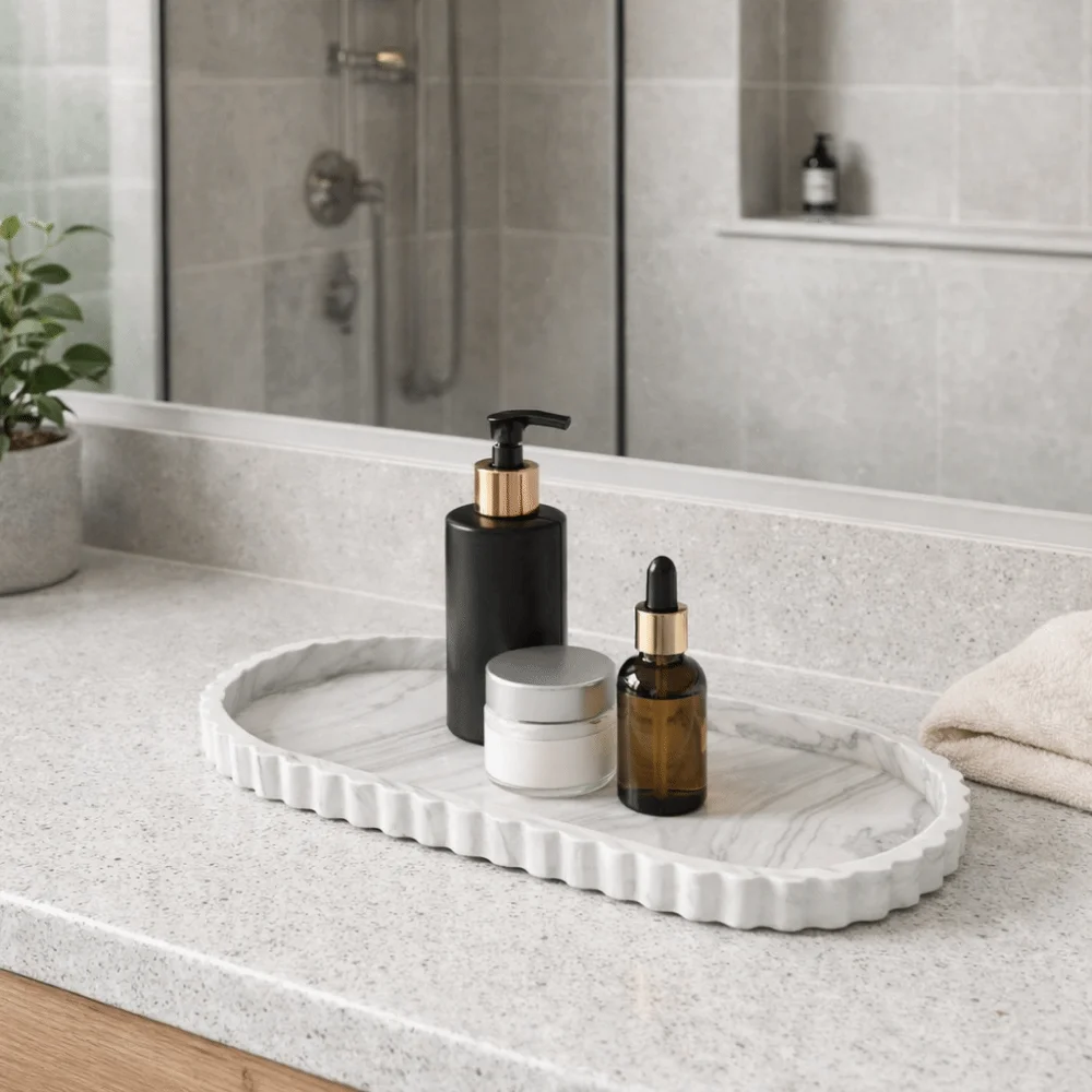 

Multi-functional Silicone Oval Storage Tray Marble Pattern Decorative Lace Oval Tray Wave Edge Jewelry Display Tray Bathroom