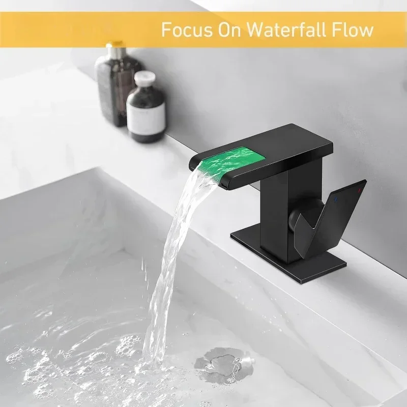 LED Solid Brass Waterfall Black Bathroom Faucet, Single Hole Bathroom Sink Faucet, 3 Colors Light Changing Single Handle Faucets