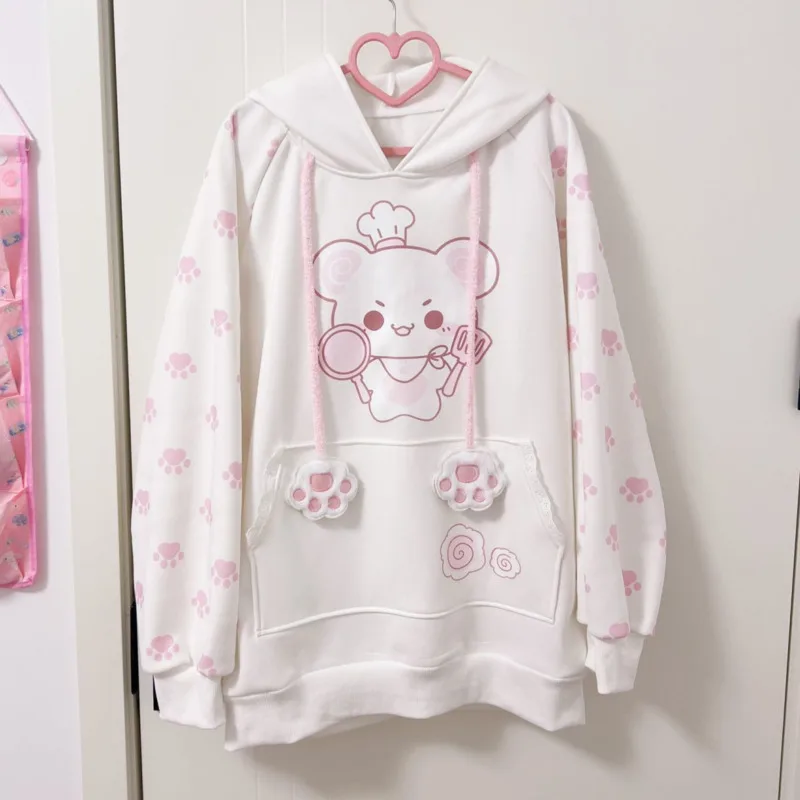 سترة بغطاء للرأس على شكل حيوان كاواي مع ديكور على شكل مخلب قطة، بلوفرات Y2K جميلة وقلنسوة للفتيات، ملابس عصرية كبيرة الحجم مطبوعة برسوم الرسوم المتحركة #3