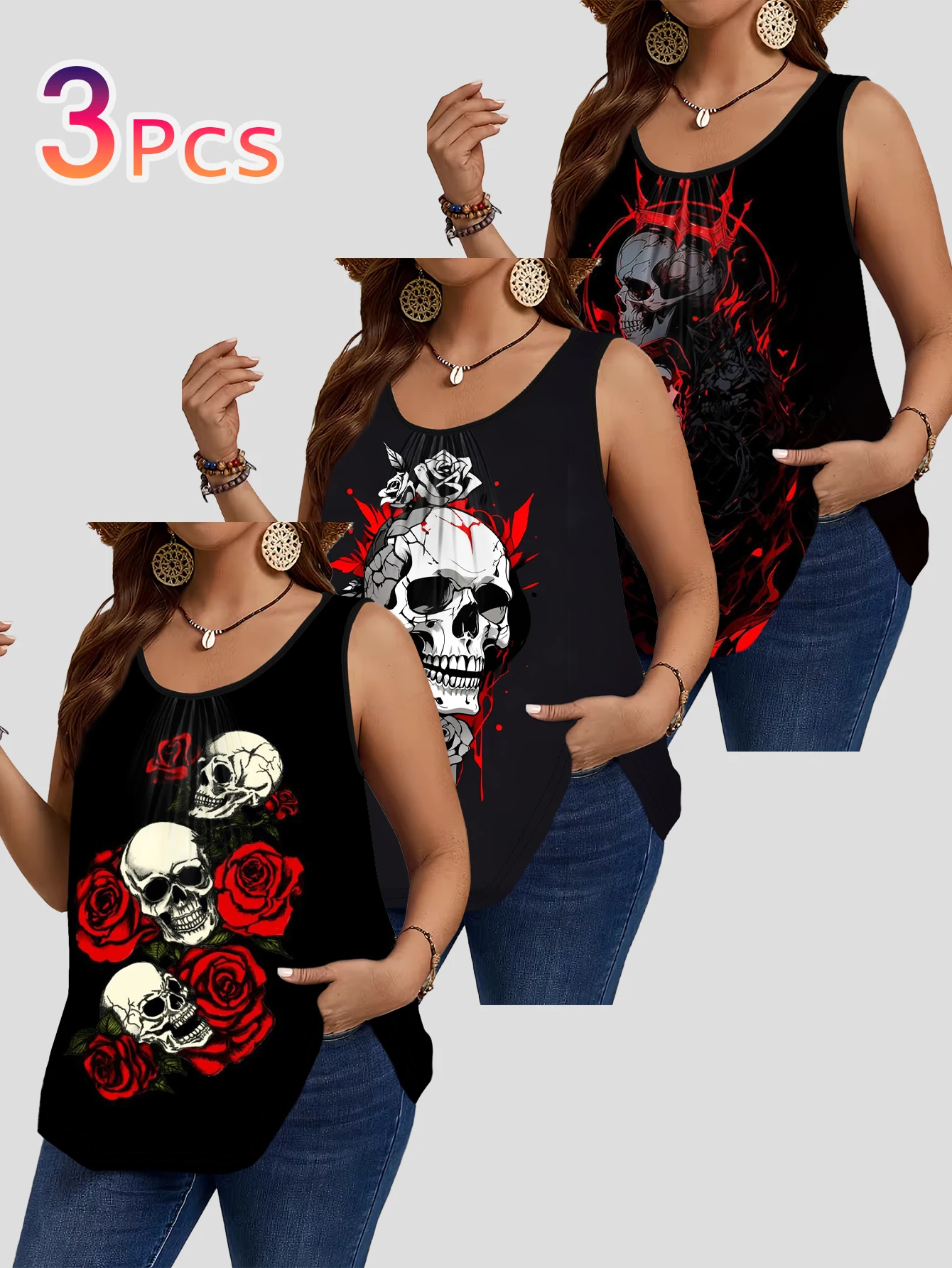 3-Piece Set of Plus-Size Women's Red Rose and Multiple Skulls Art Print Tank Tops, Round Neck Loose Sleeveless Tops