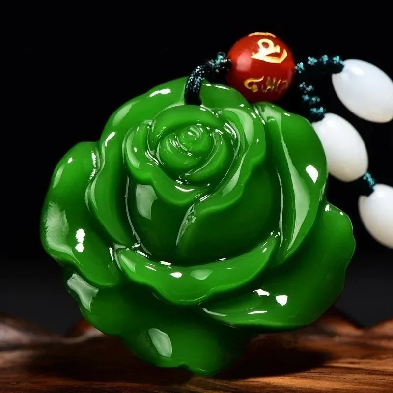 

Natural Green Hand-carved Rose Flower Jade Pendant Fashion Boutique Jewelry Men and Women Peony Flower Necklace