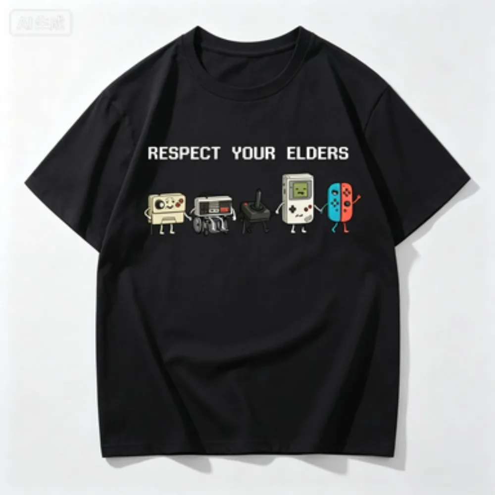 Vintage Respect Your Elders T Shirt Old Controller T-Shirt Retro Funny Grandpa Gamer Tshirt Gaming Tees O-neck Loose Clothes