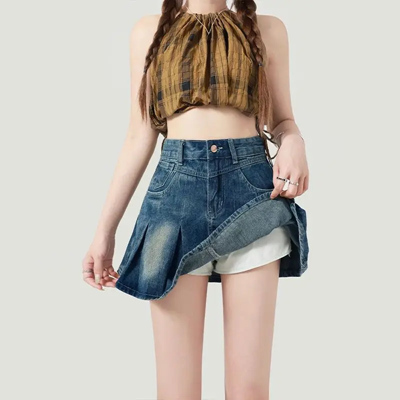 

Универсальная плиссированная юбка с оборками для миниатюрных женщин, весенняя джинсовая мини-юбка с эффектом похудения и увеличения роста, предотвращающая просвечивание, 2025