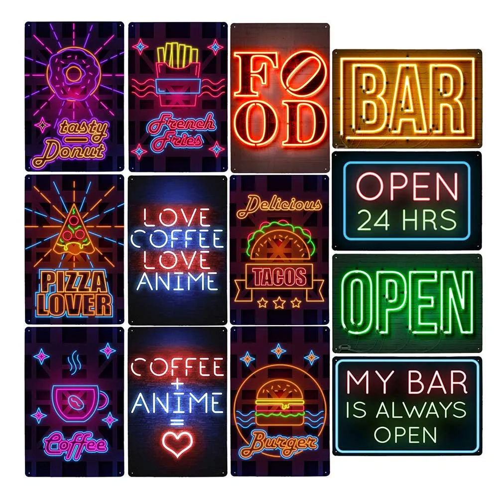 24 Hrs Bar Cafe Neon Signs Beer Pizza Hot Dog Tacos Coffee Vintage Metal Poster Plaques Decoration Wall Tin Painting