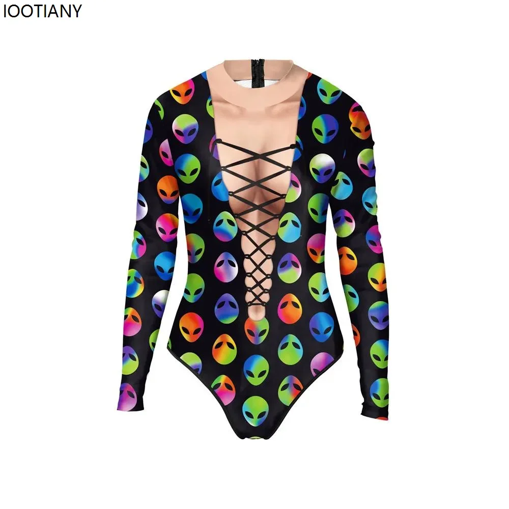 Cosplay Alien Head Pattern 3D Printed Women Swimsuit Summer Casual Long Sleeve Beachwear Bathing Suit Sexy Rave Tight Swimwears