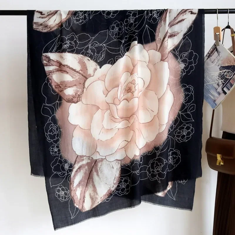 High-end Elegant Women Exquisite Fashion Camellia Print Quality Water Soluble Wool Handcrafted Fringe Soft Warm Long Scarf Shawl