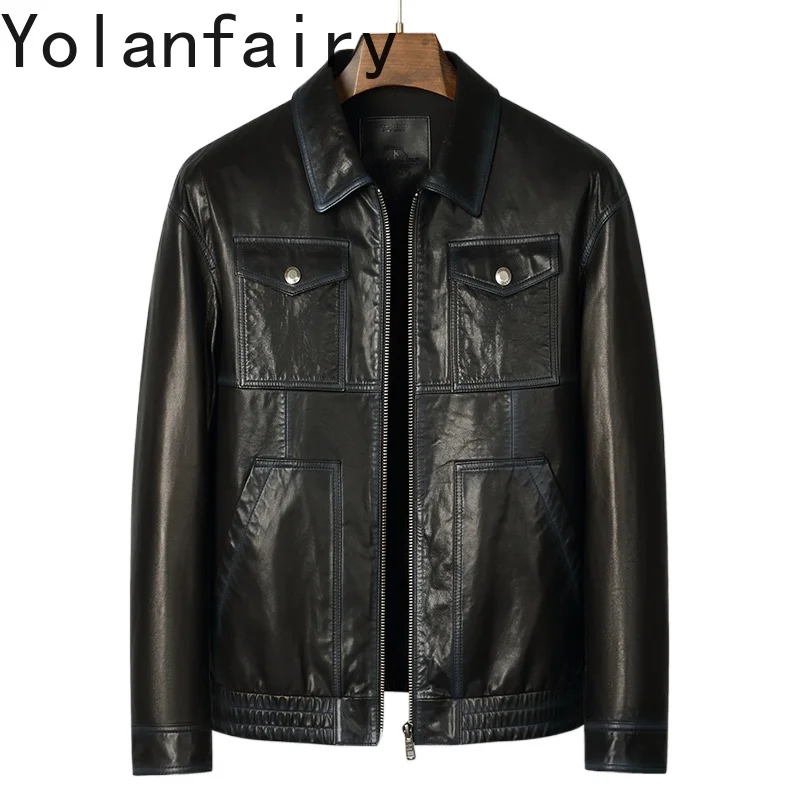 

YOLANFAIRY New Fashion 2025 Oil-waxed Sheepskin Leather Jackets Man Spring Autumn Short Motorcycle Genuine Leather Jacket Coat
