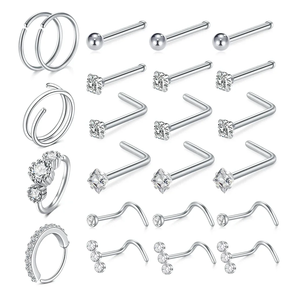 22Pcs/Set Nose Rings Septum Nose Studs Earrings 20G Nose Studs Corkscrew Nose Hoop Stainless Steel Screw Nose Piercing Jewelry