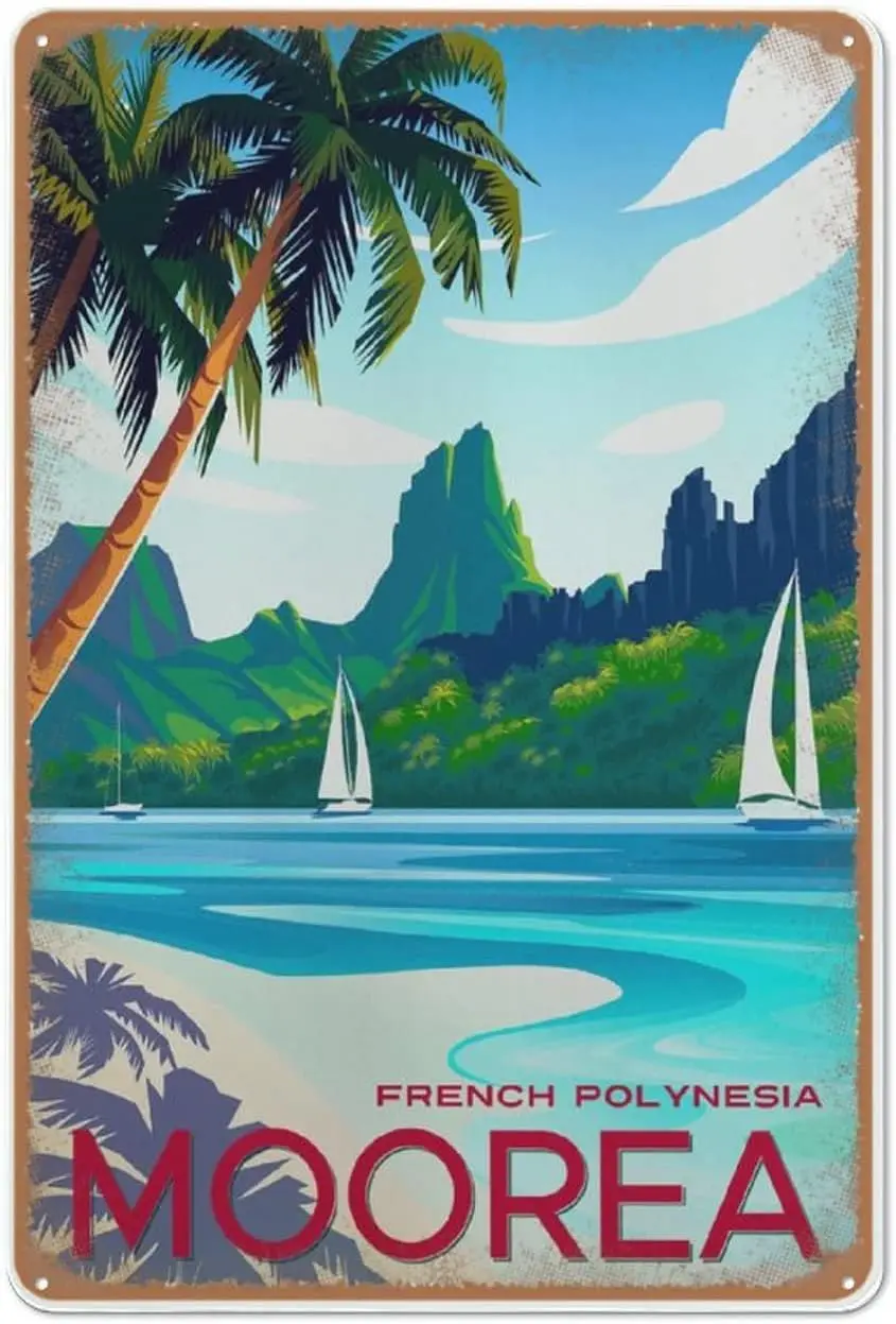 French Polynesia Moorea Tropical Beach Island Landscape. Retro Style Travel Poster. Wall Decor Art Decor, Vintage Man Cave Ga